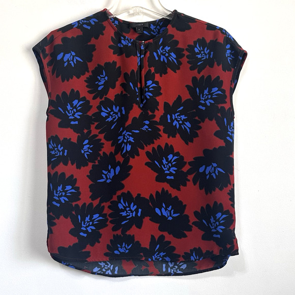 J Crew Firework Floral Top Shirt 0 Red Blue Keyhole Neck Cap Sleeve Work Party - Picture 1 of 11